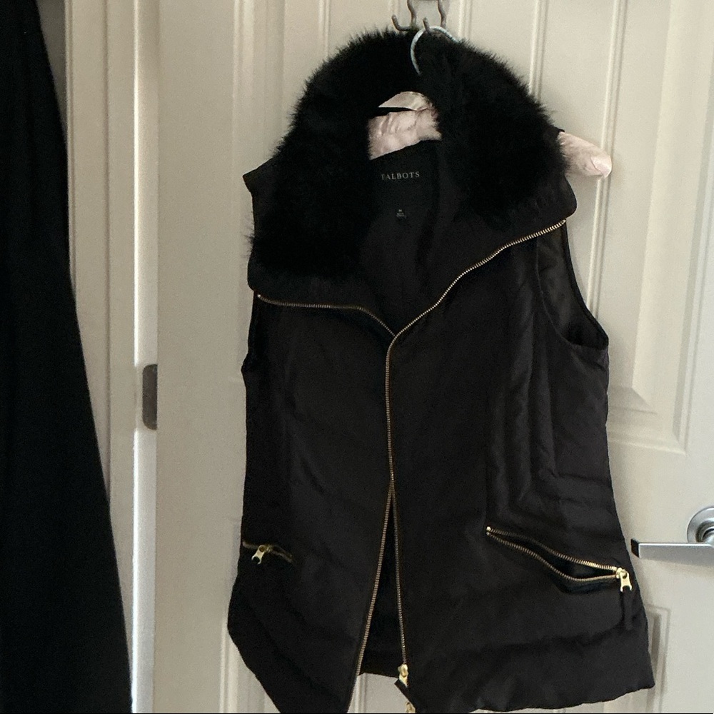 Talbots Black Quilted Vest with Faux Fur Collar